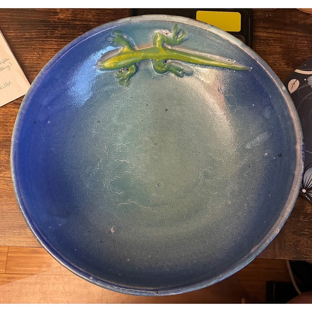 Handmade Studio Pottery Plate Blue Crackle Glaze with Raised Gecko Lizard Design